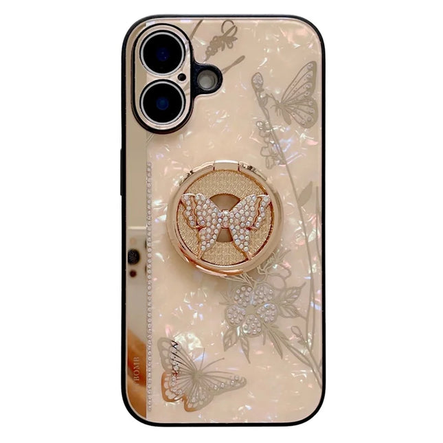 For iPhone 16 Plus Case Rhinestones Decor Kickstand TPU+PC Butterfly Floral Phone Cover - Gold