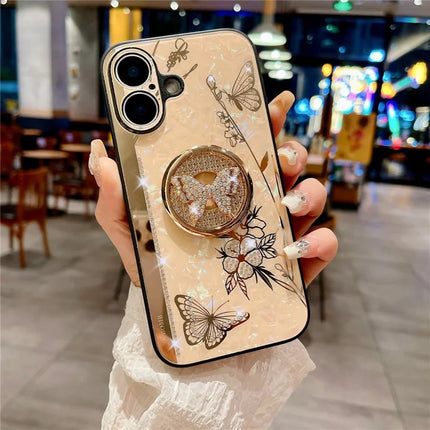 For iPhone 16 Plus Case Rhinestones Decor Kickstand TPU+PC Butterfly Floral Phone Cover