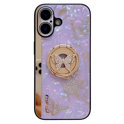 For iPhone 16 Plus Case Rhinestones Decor Kickstand TPU+PC Butterfly Floral Phone Cover - Purple