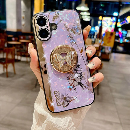 For iPhone 16 Plus Case Rhinestones Decor Kickstand TPU+PC Butterfly Floral Phone Cover