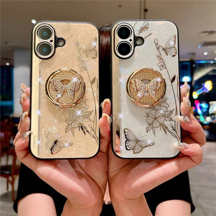 For iPhone 16 Plus Case Rhinestones Decor Kickstand TPU+PC Butterfly Floral Phone Cover