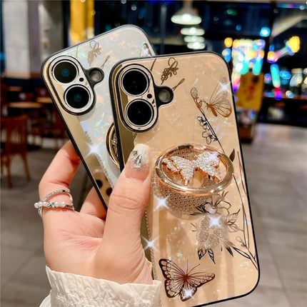 For iPhone 16 Plus Case Rhinestones Decor Kickstand TPU+PC Butterfly Floral Phone Cover