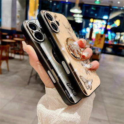 For iPhone 16 Plus Case Rhinestones Decor Kickstand TPU+PC Butterfly Floral Phone Cover