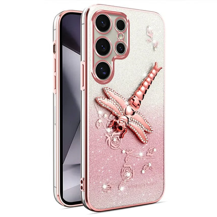KADEM For Samsung Galaxy S23 Ultra Case Dragonfly Kickstand TPU Flowers Glitter Phone Cover - Pink
