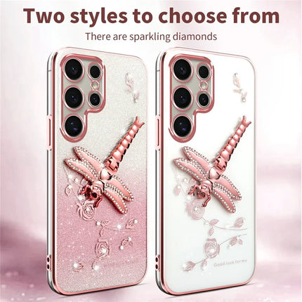 KADEM For Samsung Galaxy S23 Ultra Case Dragonfly Kickstand TPU Flowers Glitter Phone Cover