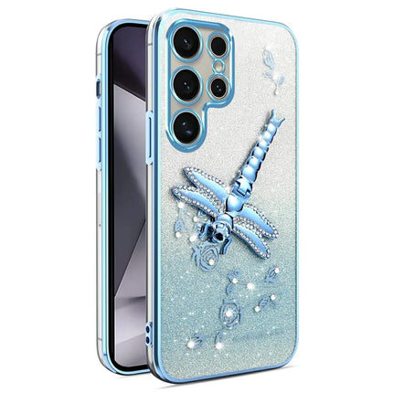 KADEM For Samsung Galaxy S23 Ultra Case Dragonfly Kickstand TPU Flowers Glitter Phone Cover - Blue