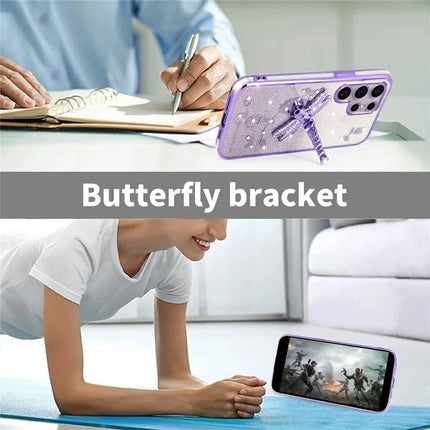 KADEM For Samsung Galaxy S23 Ultra Case Dragonfly Kickstand TPU Flowers Glitter Phone Cover