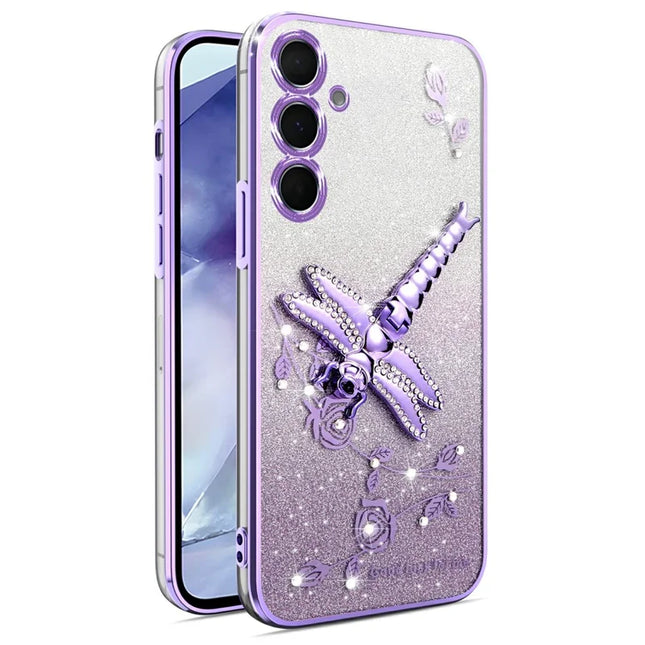 KADEM For Samsung Galaxy A55 5G Case Dragonfly Kickstand TPU Flowers Glitter Phone Cover - Purple