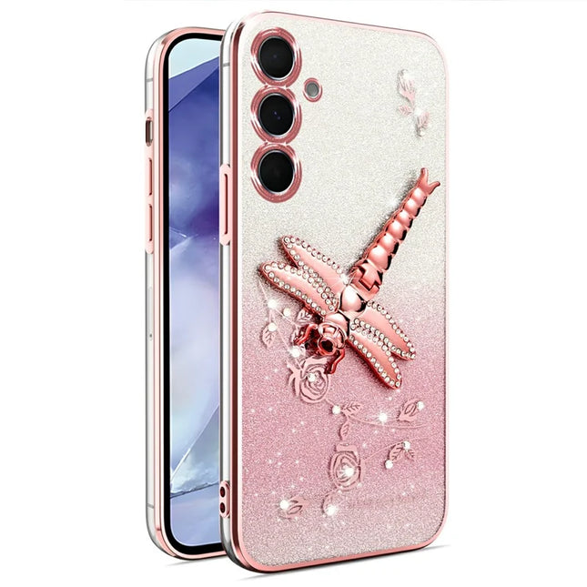 KADEM For Samsung Galaxy A25 5G (Global) (161.0 x 76.5 x 8.3mm) Case Dragonfly Kickstand TPU Flowers Glitter Phone Cover - Pink
