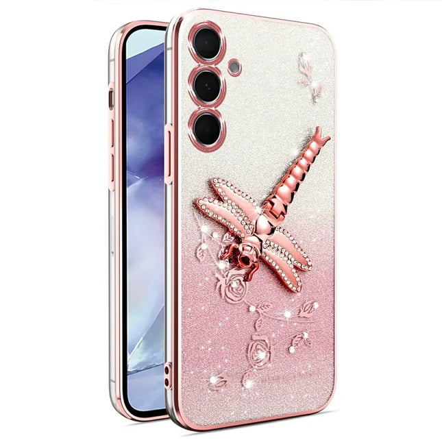 KADEM For Samsung Galaxy S23 FE Case Dragonfly Kickstand TPU Flowers Glitter Phone Cover - Pink