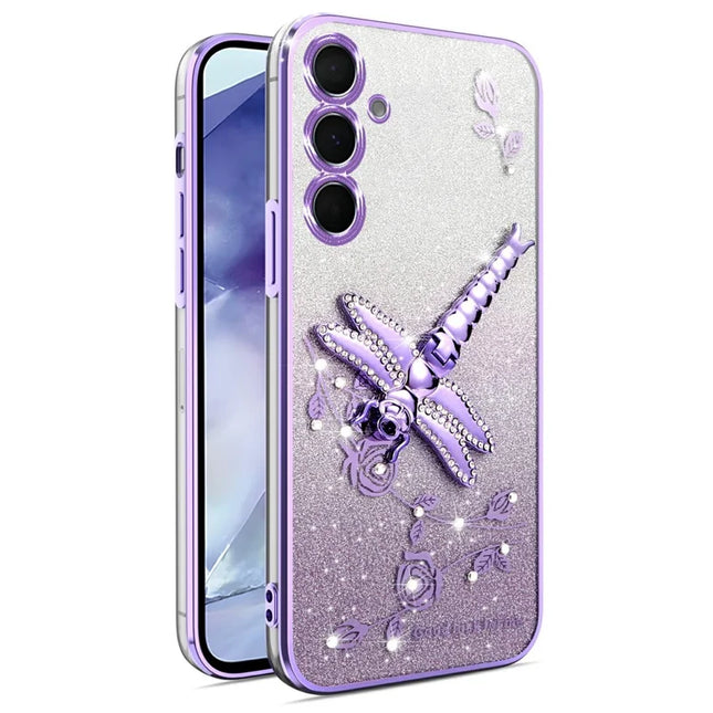 KADEM For Samsung Galaxy S23 FE Case Dragonfly Kickstand TPU Flowers Glitter Phone Cover - Purple