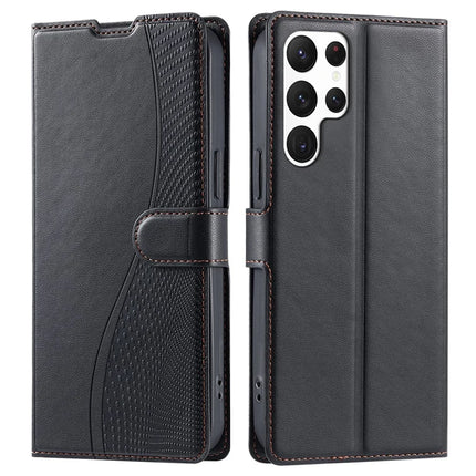 For Samsung Galaxy S23 Ultra Case Dots Imprinted PU Leather Flip Phone Cover with Card Slot, Strap - Black