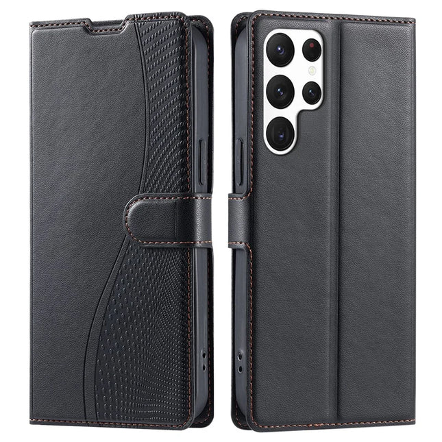 For Samsung Galaxy S23 Ultra Case Dots Imprinted PU Leather Flip Phone Cover with Card Slot, Strap - Black