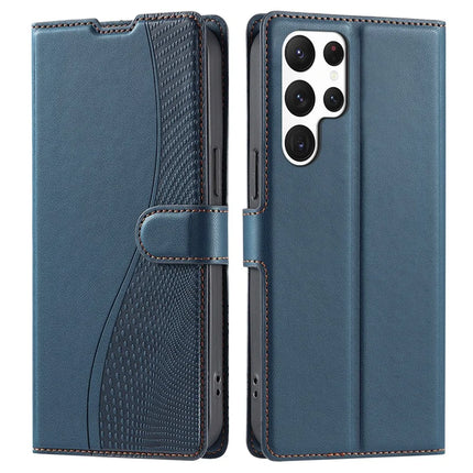 For Samsung Galaxy S23 Ultra Case Dots Imprinted PU Leather Flip Phone Cover with Card Slot, Strap - Blue
