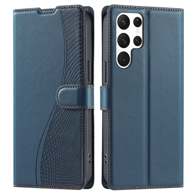 For Samsung Galaxy S23 Ultra Case Dots Imprinted PU Leather Flip Phone Cover with Card Slot, Strap - Blue