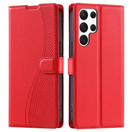 For Samsung Galaxy S23 Ultra Case Dots Imprinted PU Leather Flip Phone Cover with Card Slot, Strap - Red