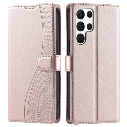 For Samsung Galaxy S23 Ultra Case Dots Imprinted PU Leather Flip Phone Cover with Card Slot, Strap - Rose Gold