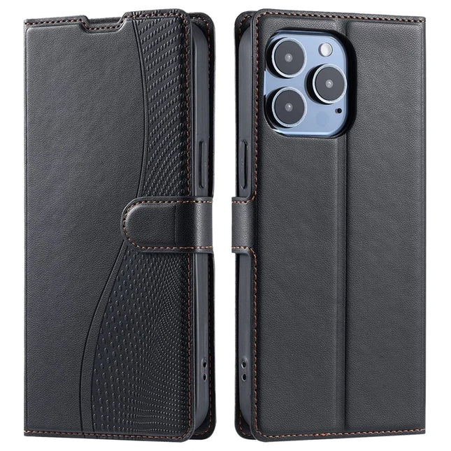 For iPhone 16 Pro Case Dots Imprinted PU Leather Flip Phone Cover with Card Slot, Strap - Black