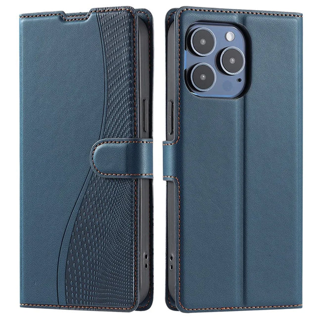 For iPhone 16 Pro Max Case Dots Imprinted PU Leather Flip Phone Cover with Card Slot, Strap - Blue