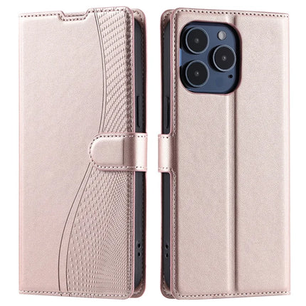 For iPhone 16 Pro Max Case Dots Imprinted PU Leather Flip Phone Cover with Card Slot, Strap - Rose Gold