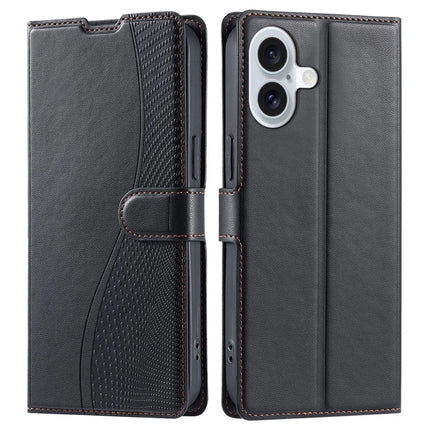 For iPhone 16 Plus Case Dots Imprinted PU Leather Flip Phone Cover with Card Slot, Strap - Black