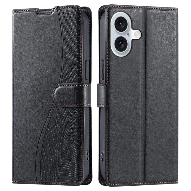 For iPhone 16 Plus Case Dots Imprinted PU Leather Flip Phone Cover with Card Slot, Strap - Black