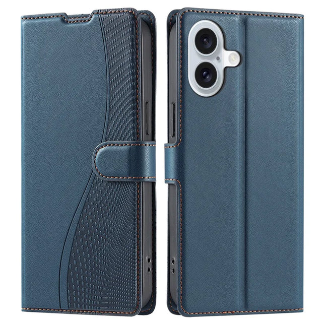 For iPhone 16 Plus Case Dots Imprinted PU Leather Flip Phone Cover with Card Slot, Strap - Blue
