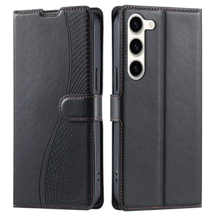 For Samsung Galaxy S23 Case Dots Imprinted PU Leather Flip Phone Cover with Card Slot, Strap - Black