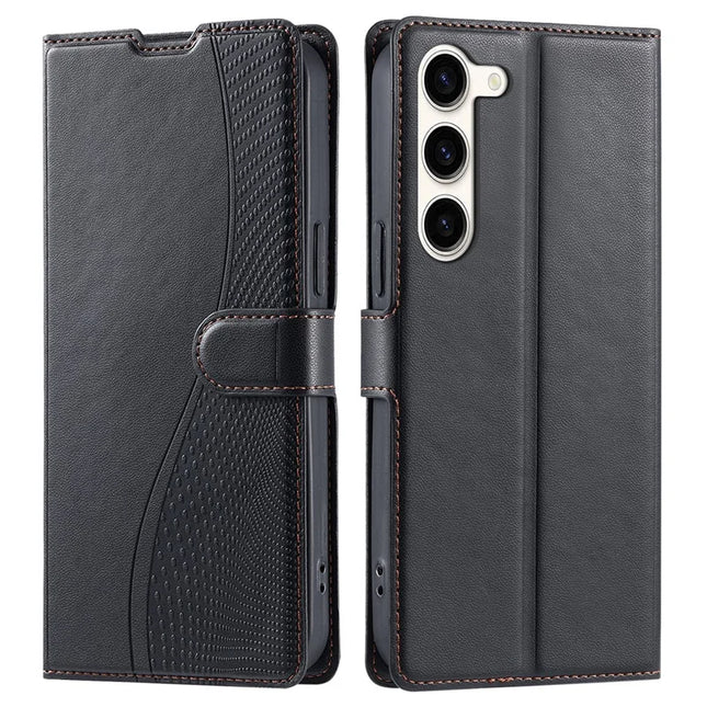 For Samsung Galaxy S23 Case Dots Imprinted PU Leather Flip Phone Cover with Card Slot, Strap - Black