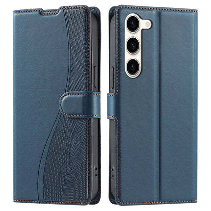 For Samsung Galaxy S23 Case Dots Imprinted PU Leather Flip Phone Cover with Card Slot, Strap - Blue