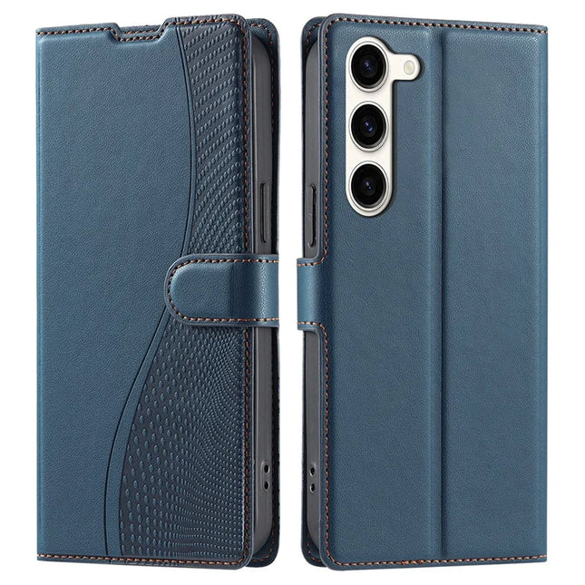 For Samsung Galaxy S23 Case Dots Imprinted PU Leather Flip Phone Cover with Card Slot, Strap - Blue
