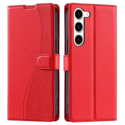 For Samsung Galaxy S23 Case Dots Imprinted PU Leather Flip Phone Cover with Card Slot, Strap - Red
