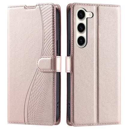 For Samsung Galaxy S23 Case Dots Imprinted PU Leather Flip Phone Cover with Card Slot, Strap - Rose Gold