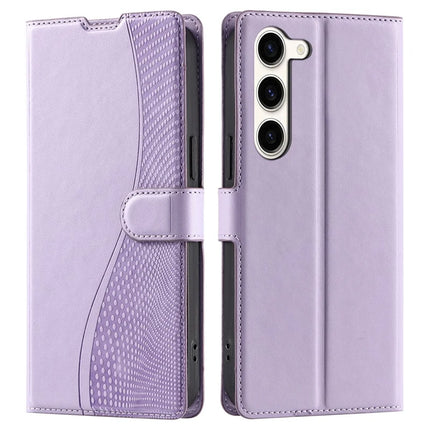 For Samsung Galaxy S23 Case Dots Imprinted PU Leather Flip Phone Cover with Card Slot, Strap - Purple