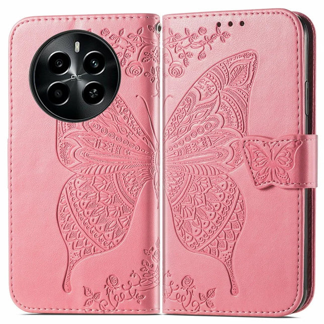 For Realme 13+ 5G (Global) / 13 Pro 5G (China) Case PU Leather Wallet Phone Cover Butterfly Pattern - Pink