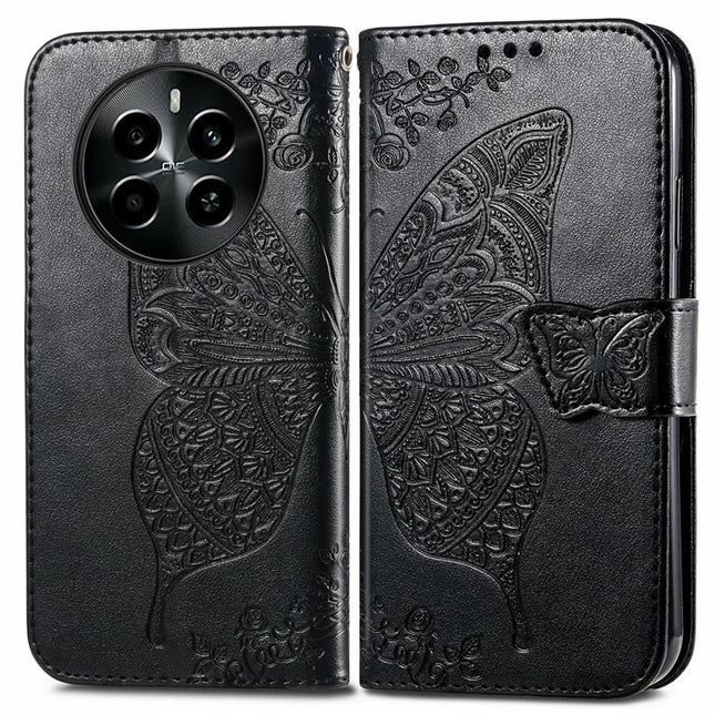 For Realme 13+ 5G (Global) / 13 Pro 5G (China) Case PU Leather Wallet Phone Cover Butterfly Pattern - Black