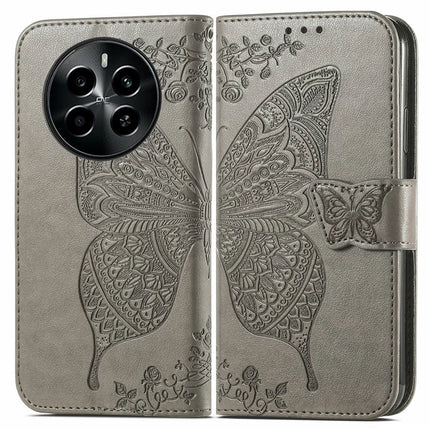 For Realme 13+ 5G (Global) / 13 Pro 5G (China) Case PU Leather Wallet Phone Cover Butterfly Pattern - Grey