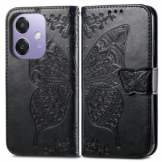 For Oppo A3x 5G Case PU Leather Wallet Phone Cover Butterfly Pattern - Black