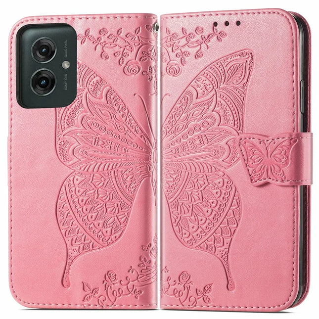 For Motorola Moto G55 5G Case PU Leather Wallet Phone Cover Butterfly Pattern - Pink
