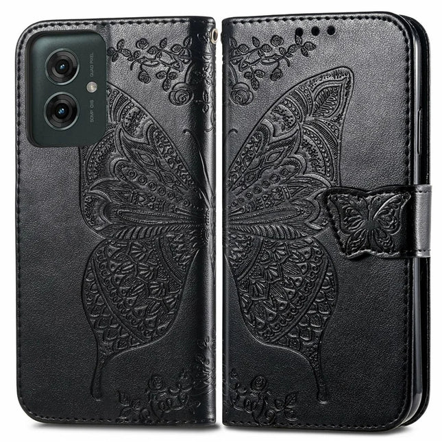 For Motorola Moto G55 5G Case PU Leather Wallet Phone Cover Butterfly Pattern - Black