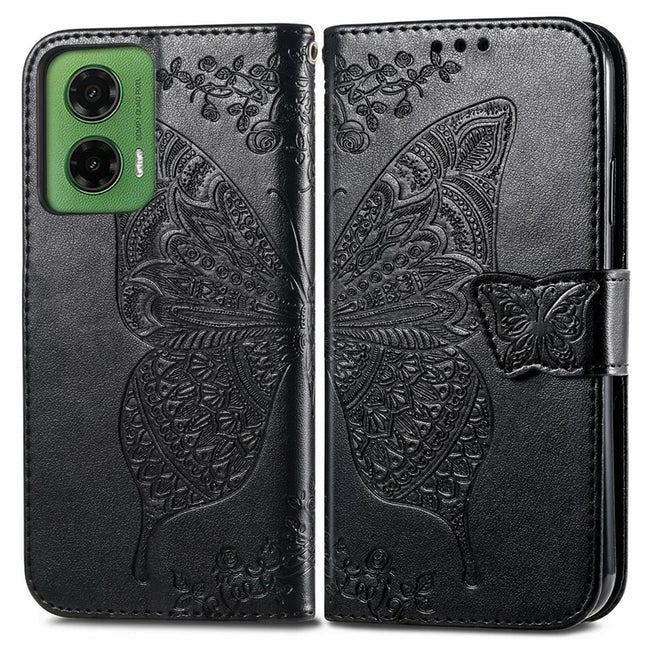 For Motorola Moto G35 5G Case PU Leather Wallet Phone Cover Butterfly Pattern - Black