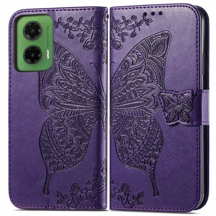 For Motorola Moto G35 5G Case PU Leather Wallet Phone Cover Butterfly Pattern - Dark Purple