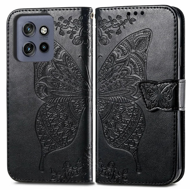 For Motorola Edge 50 Neo 5G / Moto S50 5G / Thinkphone 25 5G Case PU Leather Wallet Phone Cover Butterfly Pattern - Black