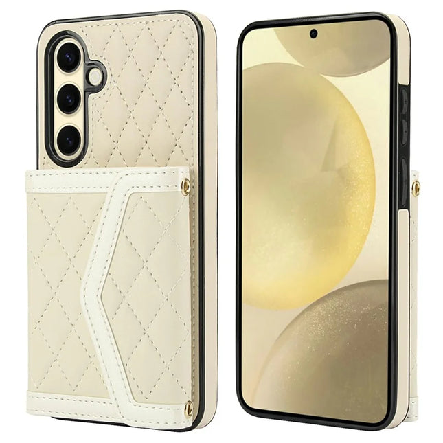 For Samsung Galaxy S23 FE Case Card Holders RFID Blocking PU Leather+TPU Phone Cover with Shoulder Strap - White