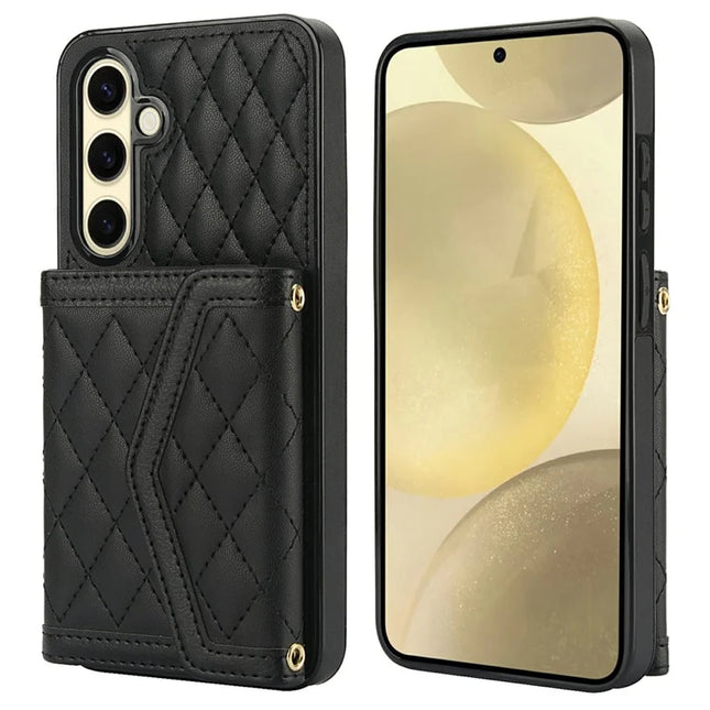 For Samsung Galaxy S23 FE Case Card Holders RFID Blocking PU Leather+TPU Phone Cover with Shoulder Strap - Black