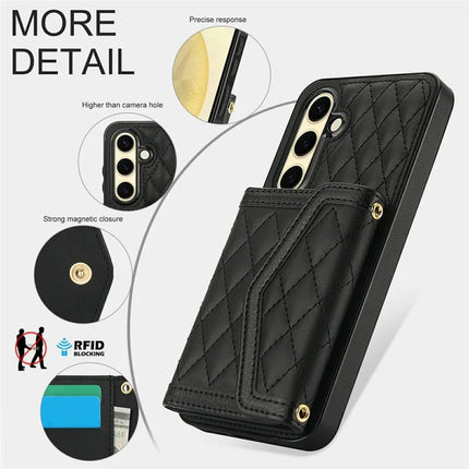 For Samsung Galaxy S23 FE Case Card Holders RFID Blocking PU Leather+TPU Phone Cover with Shoulder Strap