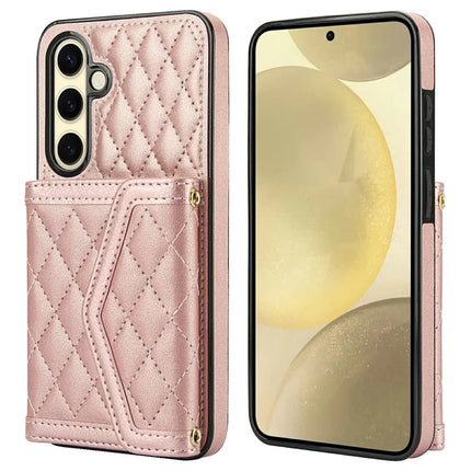 For Samsung Galaxy S23 FE Case Card Holders RFID Blocking PU Leather+TPU Phone Cover with Shoulder Strap - Rose Gold