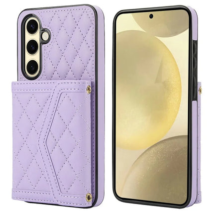 For Samsung Galaxy S23 FE Case Card Holders RFID Blocking PU Leather+TPU Phone Cover with Shoulder Strap - Purple