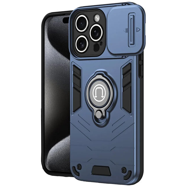 For iPhone 16 Pro Max Case Slide Camshield Kickstand PC+TPU Phone Cover - Blue