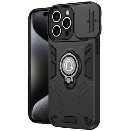 For iPhone 16 Pro Max Case Slide Camshield Kickstand PC+TPU Phone Cover - Black